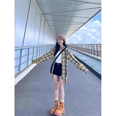 2025春秋新款日系撞色格子衬衫外套女小众独特设计感宽松开衫上衣，男装衬衫，星座506A