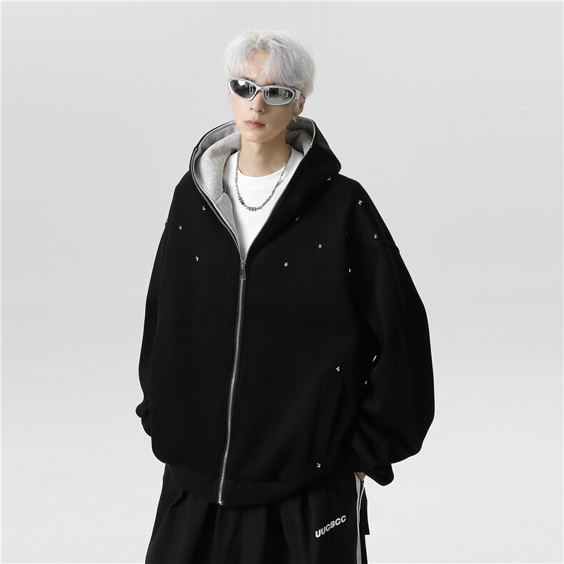 美式复古拉链连帽卫衣手工钉珠点缀男女宽松情侣短款外套JK600-78,女装短外套,电商C307