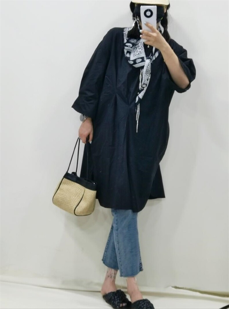 夏季新款带丝巾衬衫料t中长款t桖，女装衬衫，咔咔昵