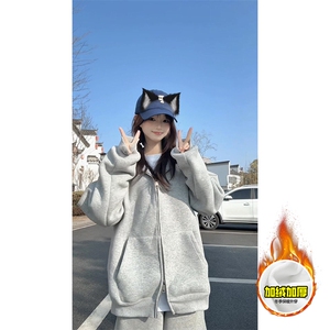 480G重磅加绒硬挺boxy男女秋冬美式高街结构双拉链开衫卫衣厚外套图片