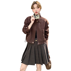 咖色立领工装百搭减龄短外套女春秋2025新款小个子巨好看流行上衣，女装短外套，2C326