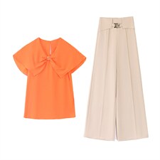 2023年夏季时尚潮流荷叶边拼接上衣+休闲阔腿裤两件套，女装套装/套裙，时尚俏佳人