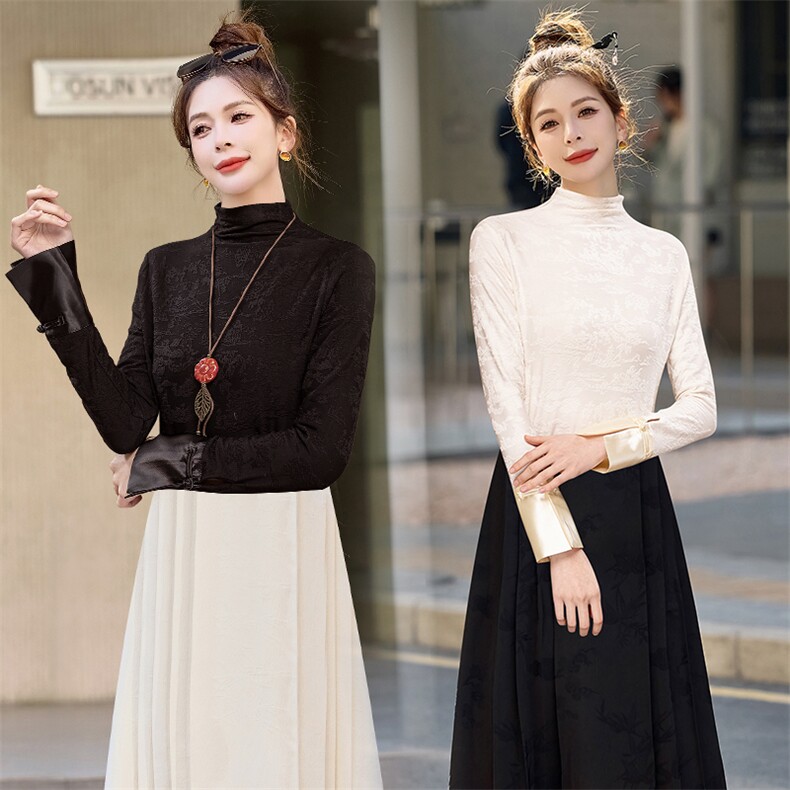 2025年春秋季新款复古新中式上衣女打底衫显瘦设计感高领内搭T恤，女装蕾丝衫/雪纺衫，芷墨服饰