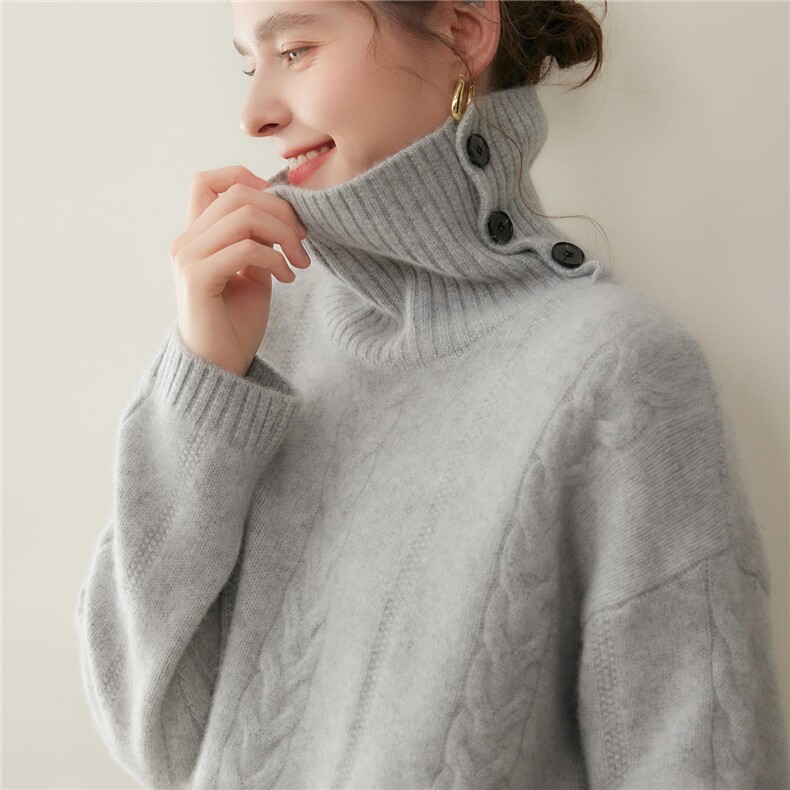 2025年秋季五针三股绞花侧开扣针织高领上衣休闲通勤时尚百搭，女装羊绒衫，澳煜绒