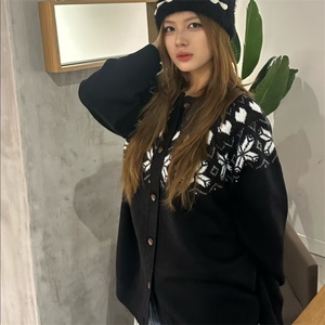 重磅秋冬装北极绒开衫毛衣美式复古休闲圣诞慵懒风提花针织衫外套图片