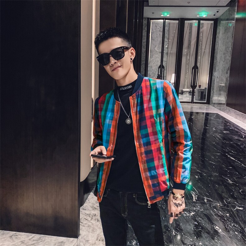 社会风春秋春装修身细方格撞色棒球领夹克B297-7190-P70图片