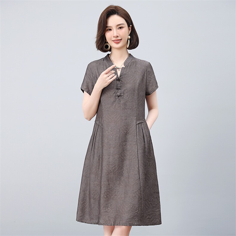 中年妈妈天丝短袖高端连衣裙女夏时尚大码宽松巨好看洋气提花裙子,女装连衣裙,雪樱依海