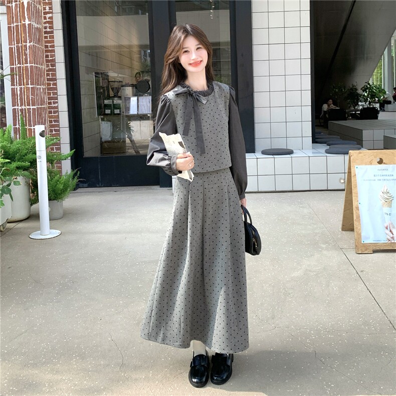 韩系小香风波点套装裙女秋高级感巨好看名媛气质上衣半身裙两件套,女装套装/套裙,2C111
