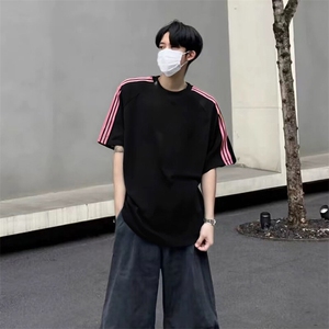 抖音得物品质二开240克宽松纯棉美式潮牌印花三条杠中性风短袖T恤图片