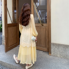 温柔风甜美假两件黄色连衣裙女春秋2025新款法式优雅超火绝美裙子，女装连衣裙，2C158