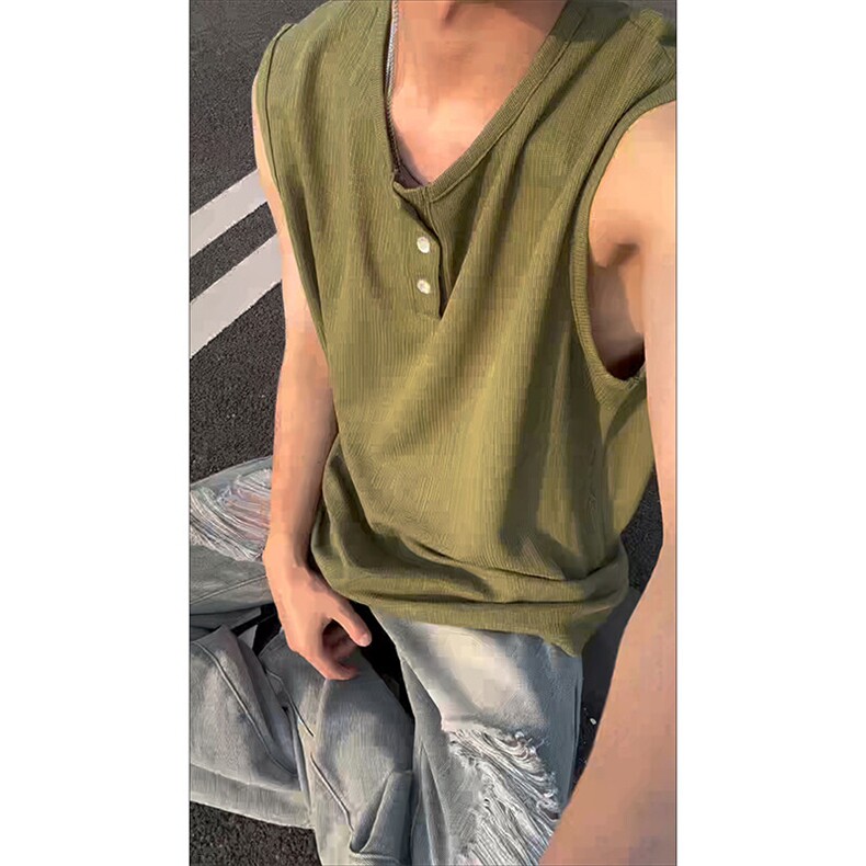 重磅复古亨利领背心男款夏季户外运动健身透气无袖T恤内搭打底衫,男装T恤,电商A102B