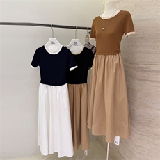 拼色圆领短袖拼接纯棉半身裙，女装连衣裙，优麦羊绒（原洪叶羊绒）