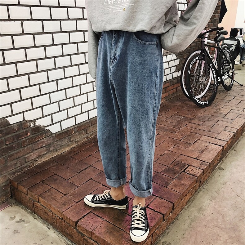 春秋新款直筒牛仔裤情侣纯色学院ins港风长裤中性阔腿裤kz91-p35，男装牛仔裤，星座1008