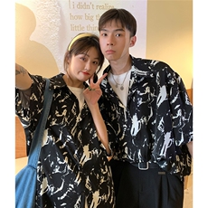 美式暗黑高街夏季冰丝扎染情侣装短袖衬衫男夏装衬衣港风潮流，男装衬衫，电商C306-1