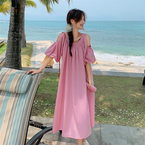 法式桔梗初恋粉色露肩连衣裙女夏2024新款遮肚显瘦a字裙度假风