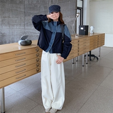 撞蓝色复古拼接牛仔外套2025新款女秋季韩系chic立领短款夹克上衣，女装短外套，1C071-1