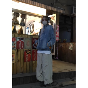 复古水洗牛仔夹克休闲个性情侣半拉链宽松工装立领上衣男女款图片