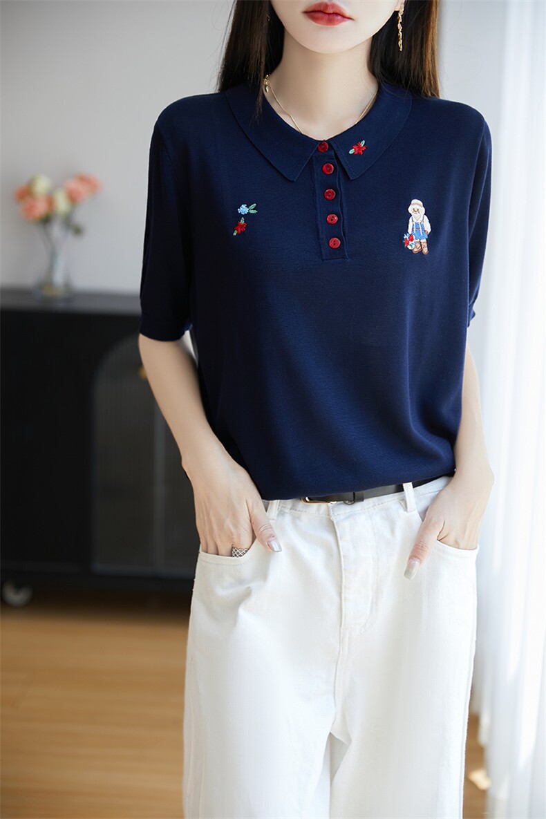 夏季莱赛尔天丝针织五分袖上衣女翻领刺绣纽扣短袖T恤宽松打底衫,针织衫/毛衣,郡淞羊绒