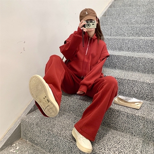 本命年红色卫衣套装女春季2025新款今年流行阔腿裤休闲运动两件套图片