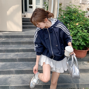 藏青色蕾丝拼接开衫短外套女2025秋季新款小个子减龄休闲连帽夹克图片