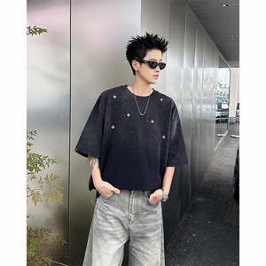 8XL-M 满天星轻奢烫钻宽松版落肩纯棉短袖T恤新款夏百搭上衣DX337图片