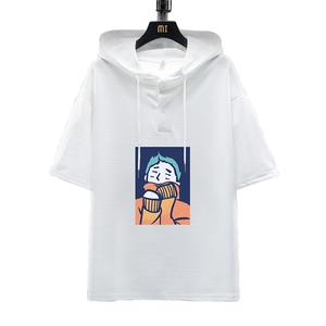 LD54042-P45 连帽短袖t恤男大码胖子带帽五分袖中袖 展架图片