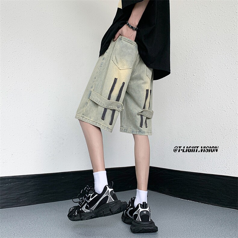B221美式ins高街设计感拉链直通五分牛仔裤LK23082-P50控68,男装牛仔裤,电商B221