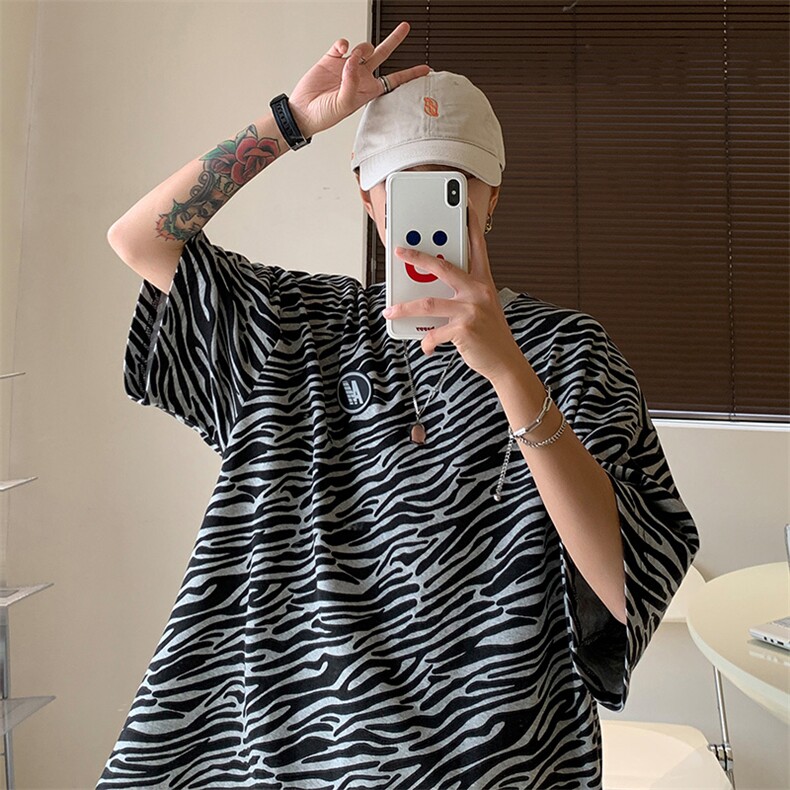 2023夏新款潮牌ins男生街头宽松流行网红斑马纹短袖t恤T270-P25，男装T恤，星座512-2