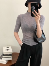 2025新款女套头珠片纱小立领修身中袖精纺超薄款半高针织打底衫，女装针织衫/毛衣，缘满羊绒