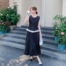 藏青色蕾丝拼接牛仔马甲套装裙女2025夏季新款一整套半身裙两件套，女装套装/套裙，秋水欣儿