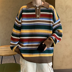秋款男POLO领毛衣单排扣条纹拼色针织衫休闲打底外套M218P45，男装针织衫/毛衣，星座1013-1