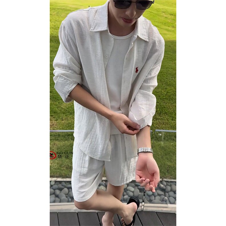 现货~刺绣亚麻衬衫套装TZ088-P80衬衫C035-P45短裤DK036-P35,男装休闲套装,星座1004-3