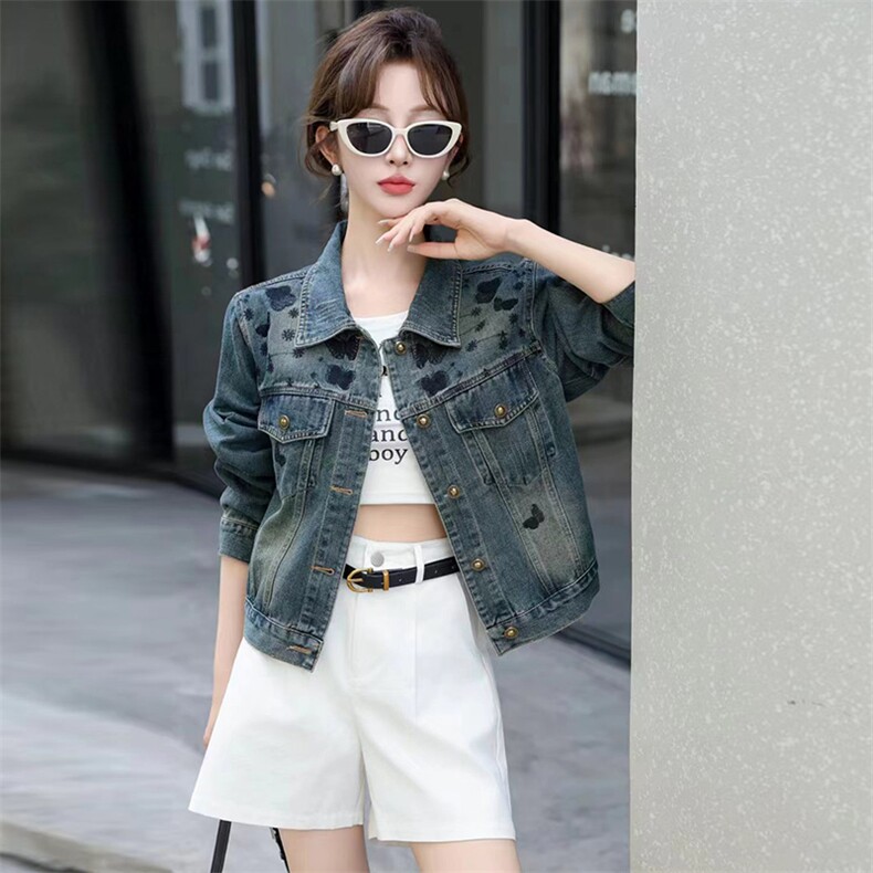 现货牛仔外套女秋季新款刺绣百搭减龄棒球服夹克短款上衣潮，女装牛仔外套，美拉德工厂直营店