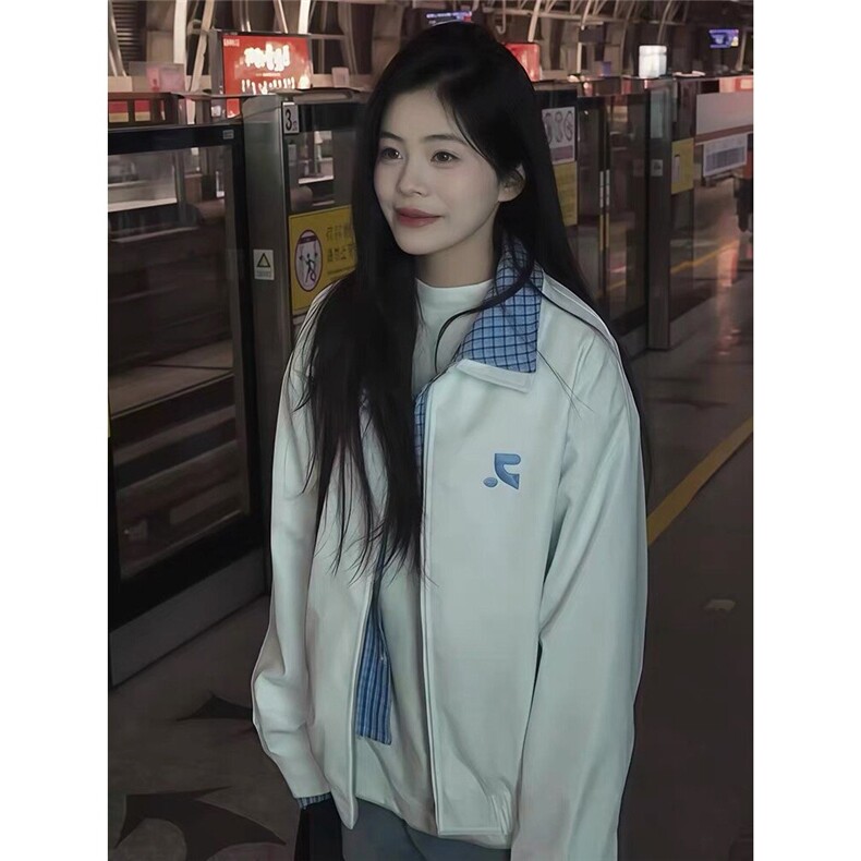 美式复古假两件格子拼接皮衣夹克男女2025春秋冬新款宽松休闲外套图片