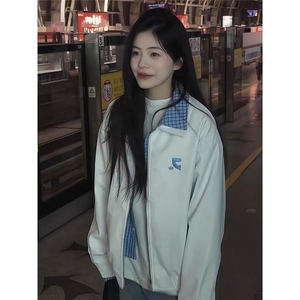 美式复古假两件格子拼接皮衣夹克男女2025春秋冬新款宽松休闲外套图片