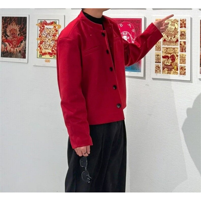 酒红色垫肩立领短款西装外套男春秋季修身百搭痞帅夹克西服-XF9,男装夹克,星座601-1