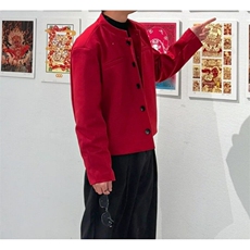 酒红色垫肩立领短款西装外套男春秋季修身百搭痞帅夹克西服-XF9，男装夹克，星座601-1