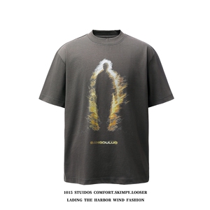 （350克双纱）美式设计师潮牌宽松圆领情侣短袖T恤 1015-T607-P59图片