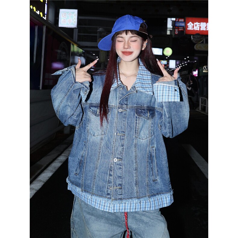小众设计感格子拼接牛仔外套男女休闲情侣假两件夹克WLA2033-P74,男装工装外套,星座1008