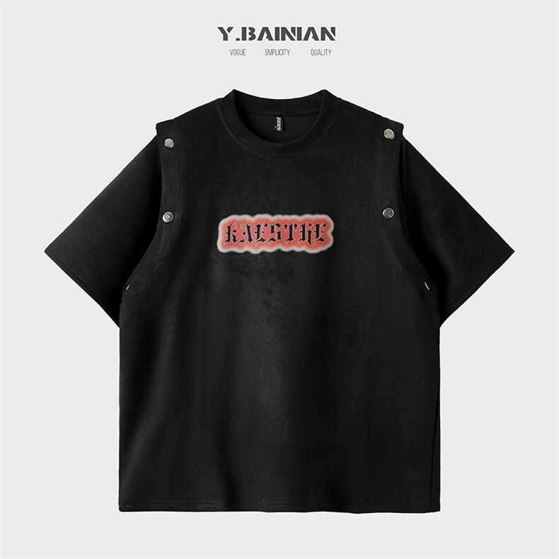 港风夏款男T恤鹿皮绒袖子可拆字母扎染五分袖T恤衫T8801P45,男装T恤,星座1013-1