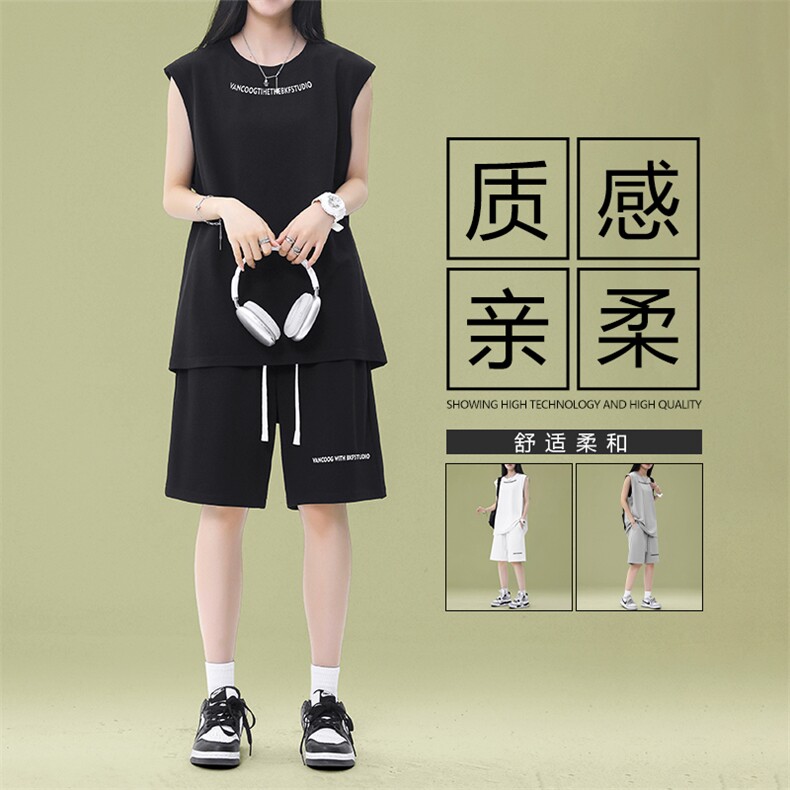 休闲运动套装质感亲柔砍袖纯色五分裤美式标志设计感 TZ89-特批68图片