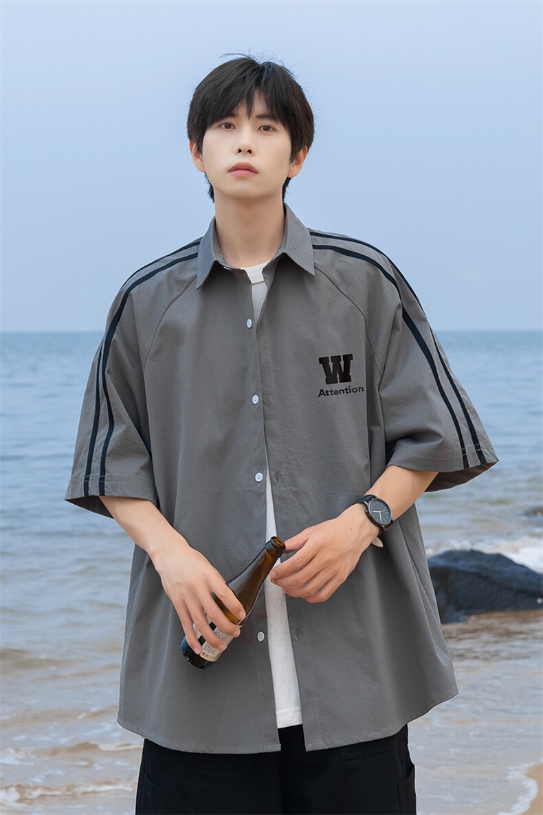 港风24夏季新款时尚宽松翻领织带拼色衬衫情侣潮S262特P35控58,男装衬衫,电商A247