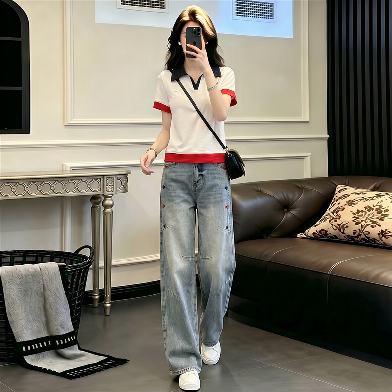 学院风网红时尚套装女夏新款翻领撞色拼接上衣阔腿牛仔长裤两件套,女装套装/套裙,江南