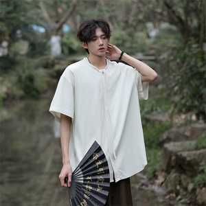 风夏男短袖衬衫冰丝褶皱圆领抽绳衬衣CS8 P40图片