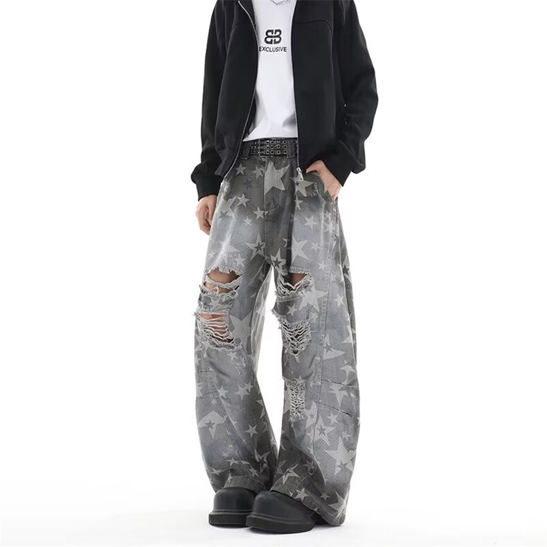 美式刀割破洞树叶迷彩工装裤牛仔裤男复古喇叭休闲裤子RK3135-P56，男装牛仔裤，星座412-3