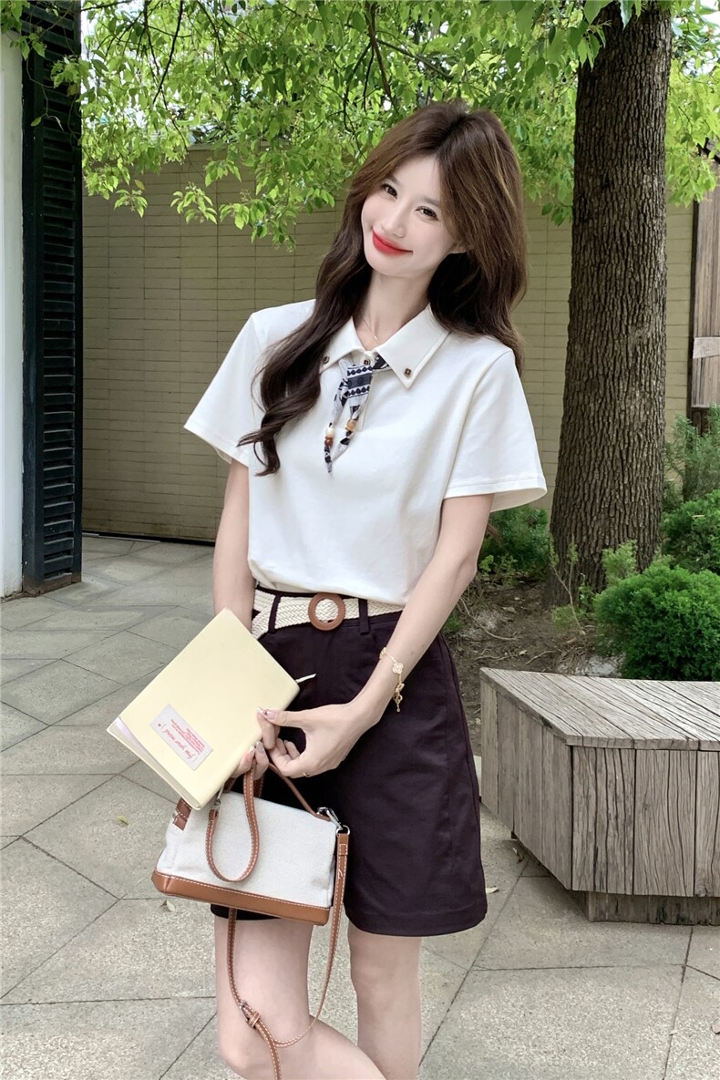 2026新款气质学院风撞色丝巾短袖衬衫套装女夏日2026新款两件套,女装套装/套裙,艾米莉亚