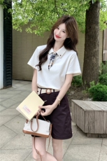 2026新款气质学院风撞色丝巾短袖衬衫套装女夏日2026新款两件套，女装套装/套裙，艾米莉亚