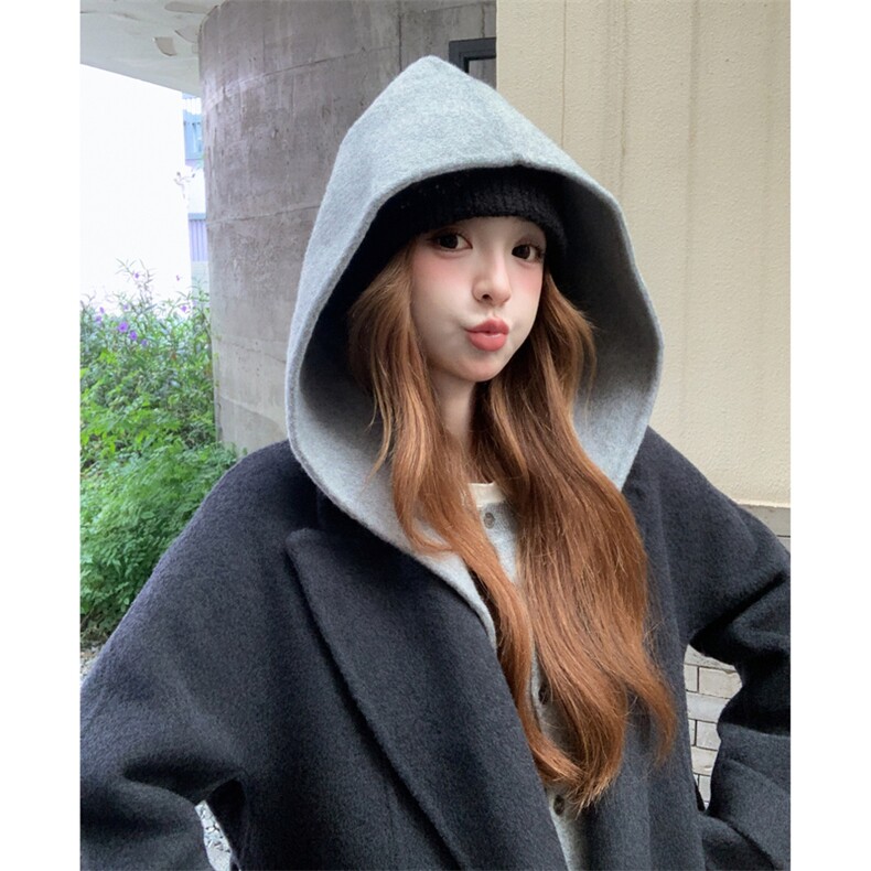 现货新款韩范中长款过膝双面羊绒大衣黑灰色高端毛呢连帽外套，女装双面呢大衣，网红馆