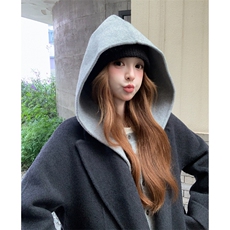 现货新款韩范中长款过膝双面羊绒大衣黑灰色高端毛呢连帽外套，女装双面呢大衣，网红馆