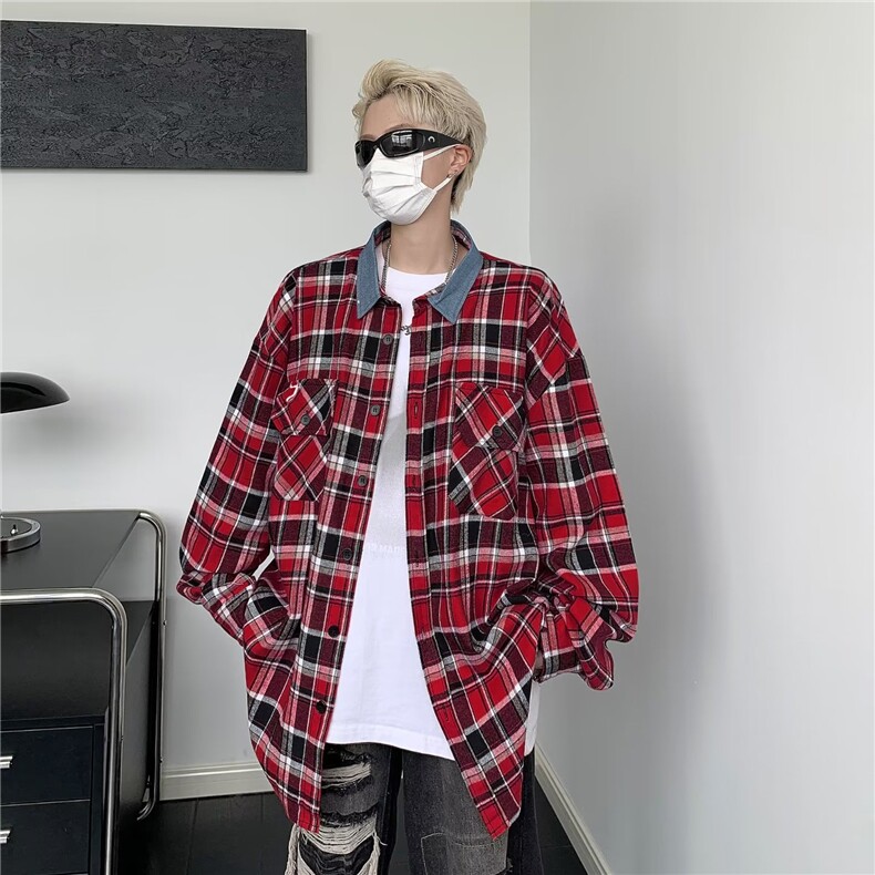 男秋季新款长袖衬衫外套格子拼牛仔领W1321P38,男装衬衫,星座1116-2